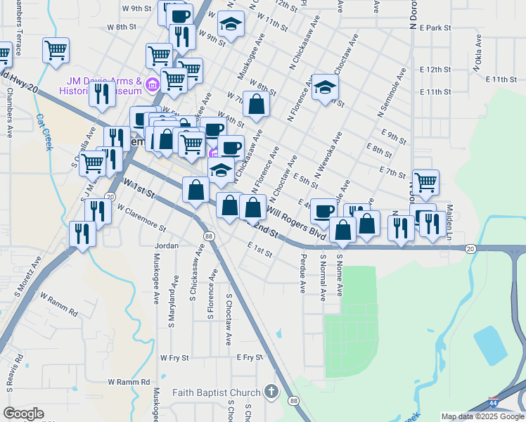 map of restaurants, bars, coffee shops, grocery stores, and more near 221 East Will Rogers Boulevard in Claremore