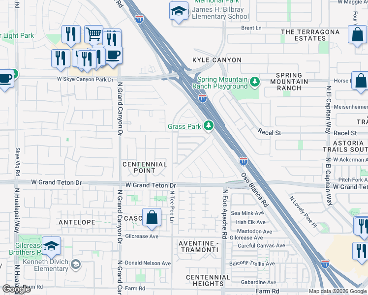 map of restaurants, bars, coffee shops, grocery stores, and more near 9345 West Pearblossom Sky Avenue in Las Vegas