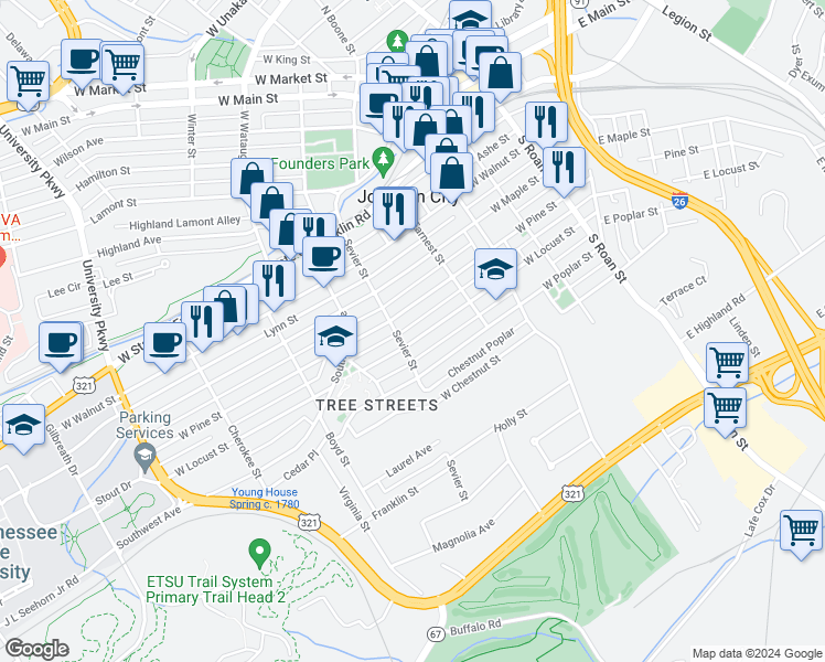 map of restaurants, bars, coffee shops, grocery stores, and more near 428 West Locust Street in Johnson City