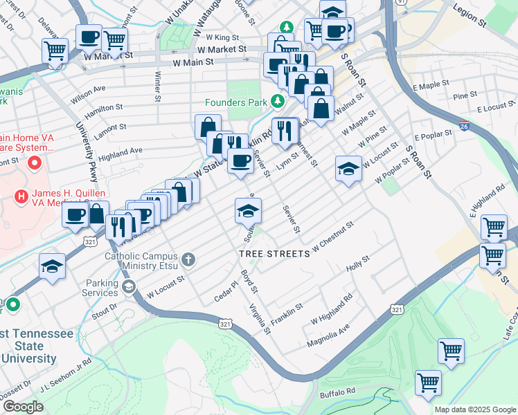 map of restaurants, bars, coffee shops, grocery stores, and more near 906 Southwest Avenue in Johnson City