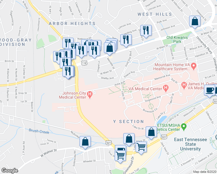 map of restaurants, bars, coffee shops, grocery stores, and more near 2 Oak Drive in Johnson City
