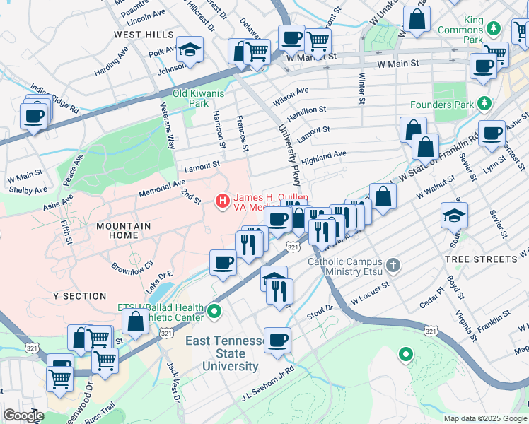 map of restaurants, bars, coffee shops, grocery stores, and more near 528 Lee Circle in Johnson City