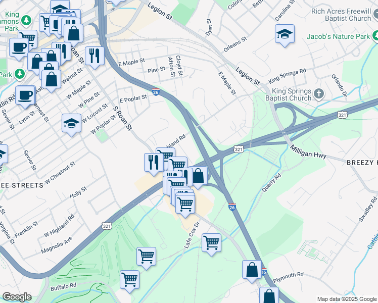 map of restaurants, bars, coffee shops, grocery stores, and more near 1507 Linden Street in Johnson City
