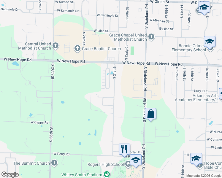 map of restaurants, bars, coffee shops, grocery stores, and more near 2100 West New Hope Road in Rogers