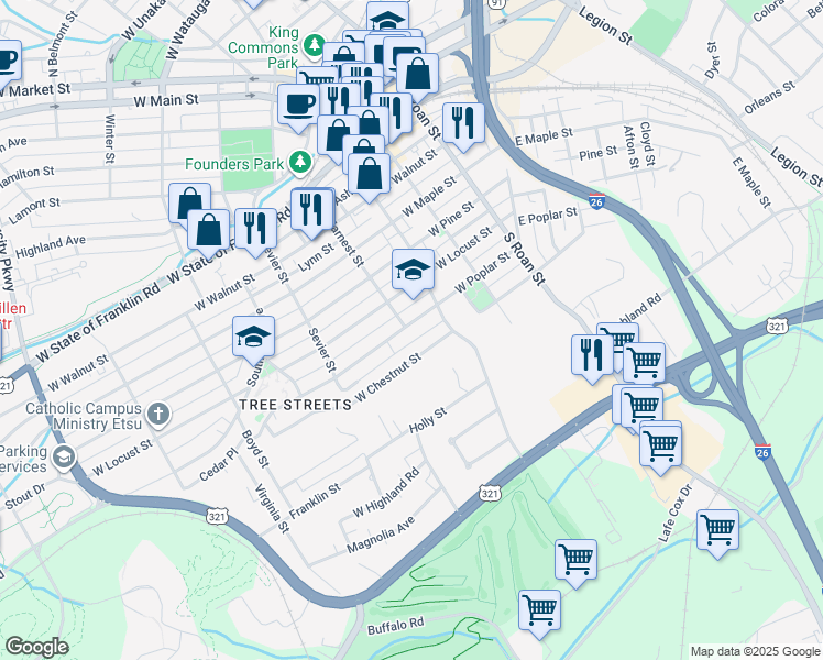 map of restaurants, bars, coffee shops, grocery stores, and more near 313 West Poplar Street in Johnson City