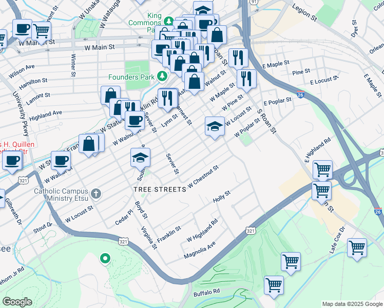 map of restaurants, bars, coffee shops, grocery stores, and more near 412 West Poplar Street in Johnson City