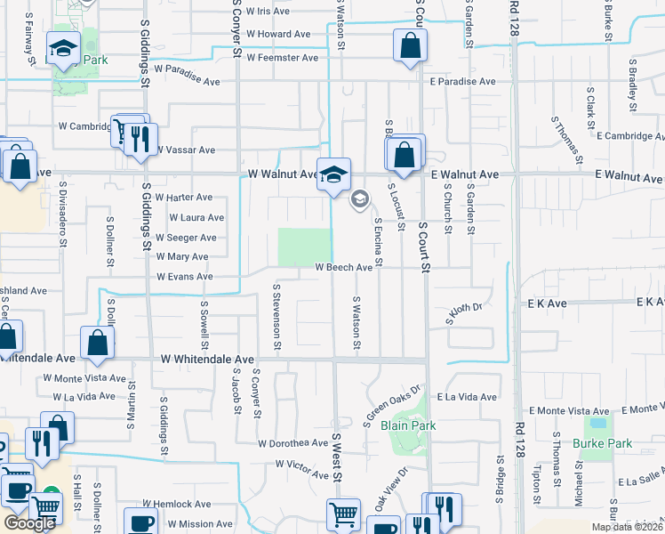 map of restaurants, bars, coffee shops, grocery stores, and more near 2401 South West Street in Visalia