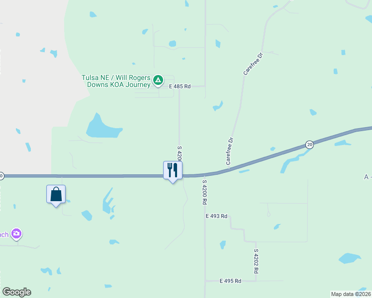 map of restaurants, bars, coffee shops, grocery stores, and more near South 4200 Road in Claremore