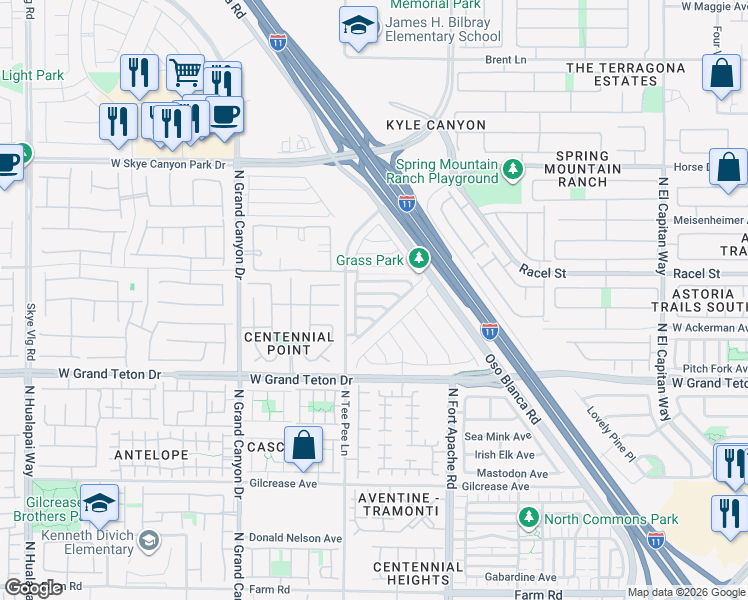 map of restaurants, bars, coffee shops, grocery stores, and more near 9345 West Pearblossom Sky Avenue in Las Vegas