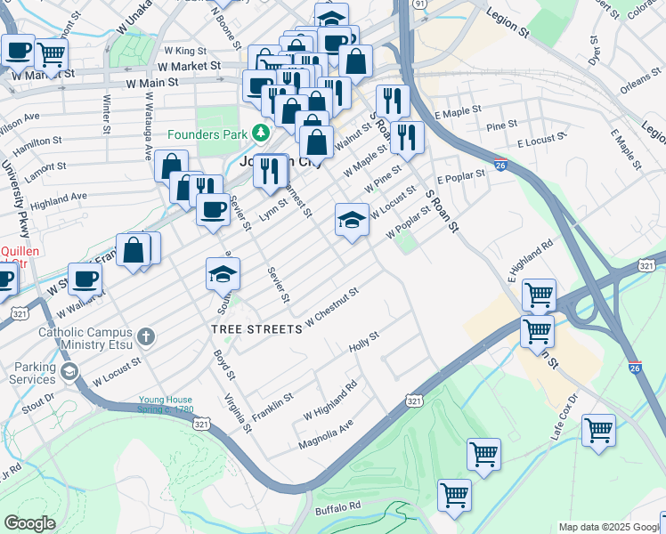 map of restaurants, bars, coffee shops, grocery stores, and more near 412 West Poplar Street in Johnson City