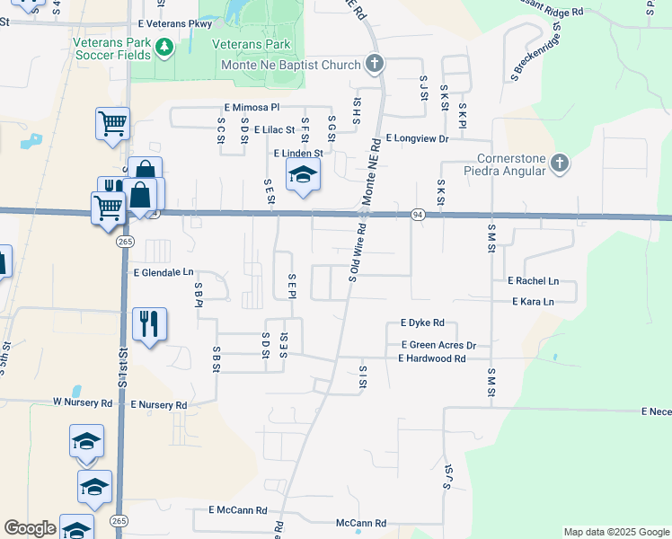 map of restaurants, bars, coffee shops, grocery stores, and more near 2004 South Old Wire Road in Rogers