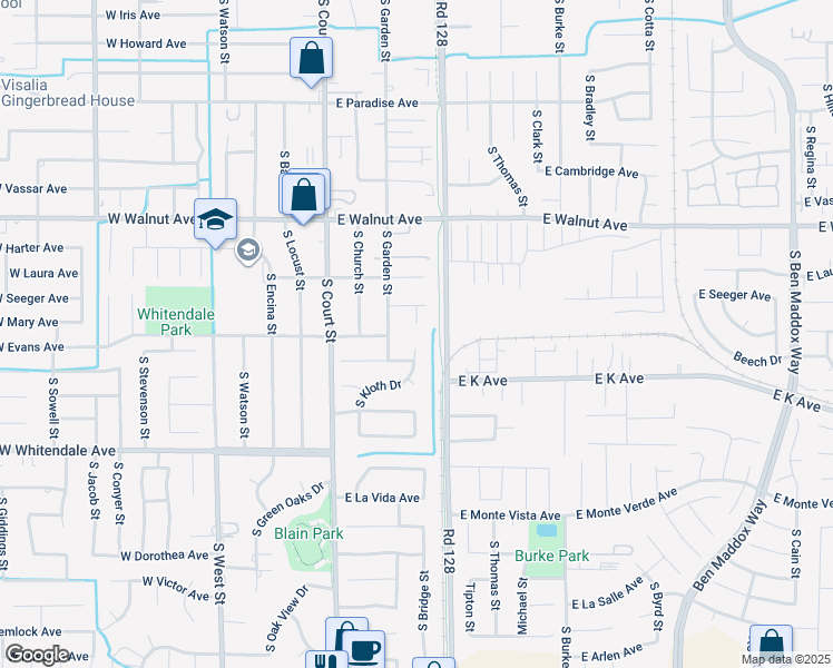 map of restaurants, bars, coffee shops, grocery stores, and more near 2419 South Kloth Drive in Visalia