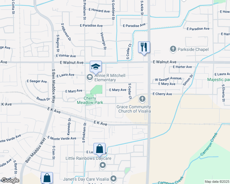 map of restaurants, bars, coffee shops, grocery stores, and more near 2501 East Mary Avenue in Visalia