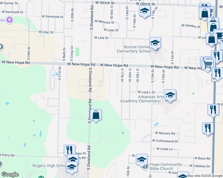 map of restaurants, bars, coffee shops, grocery stores, and more near 1954 South 18th Street in Rogers