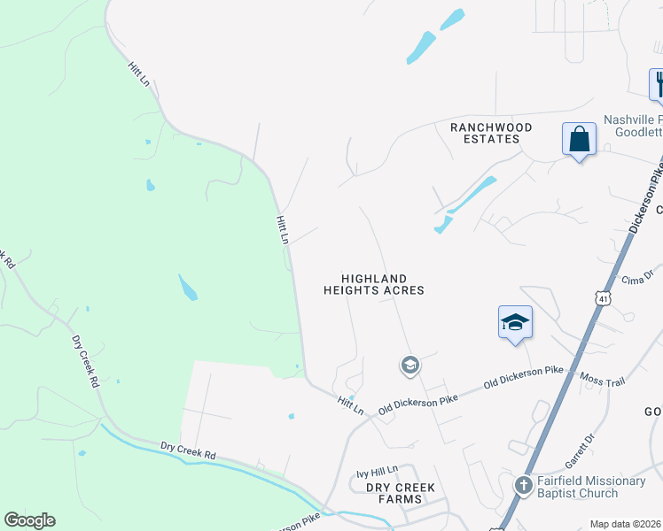map of restaurants, bars, coffee shops, grocery stores, and more near 1262 Hitt Lane in Goodlettsville