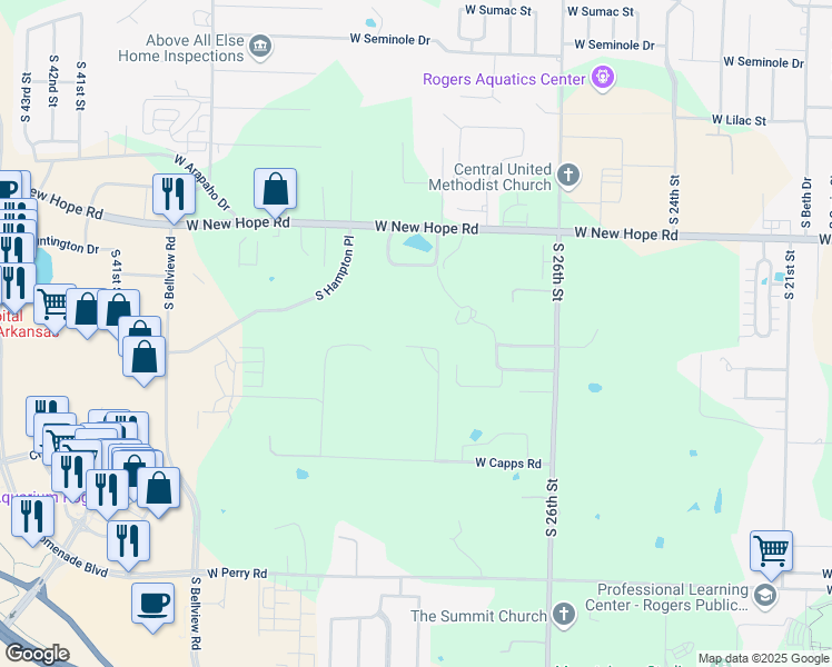 map of restaurants, bars, coffee shops, grocery stores, and more near 2805 West Capps Road in Rogers
