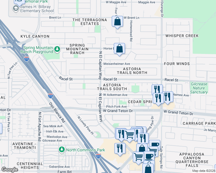 map of restaurants, bars, coffee shops, grocery stores, and more near 8733 Breezy Brown Avenue in Las Vegas