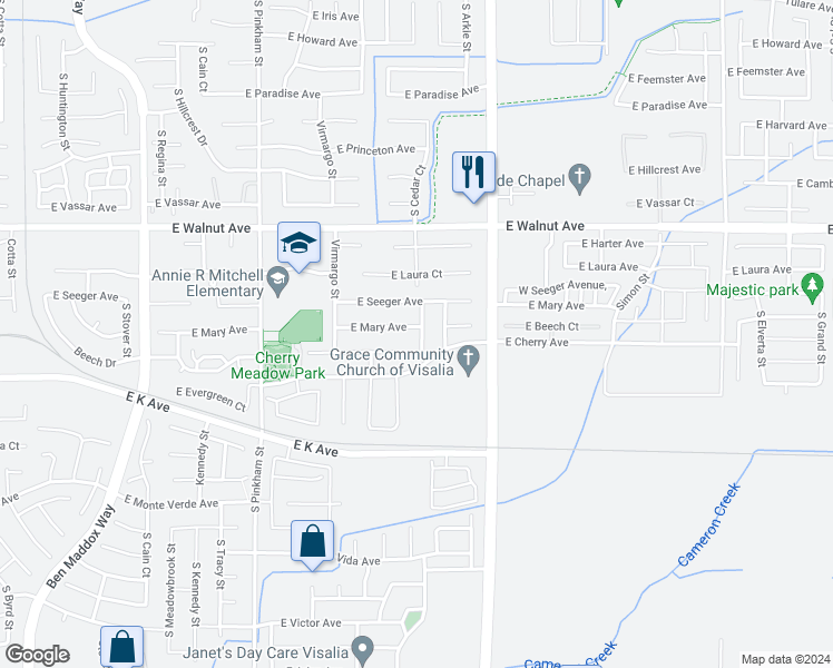 map of restaurants, bars, coffee shops, grocery stores, and more near 2749 East Mary Avenue in Visalia