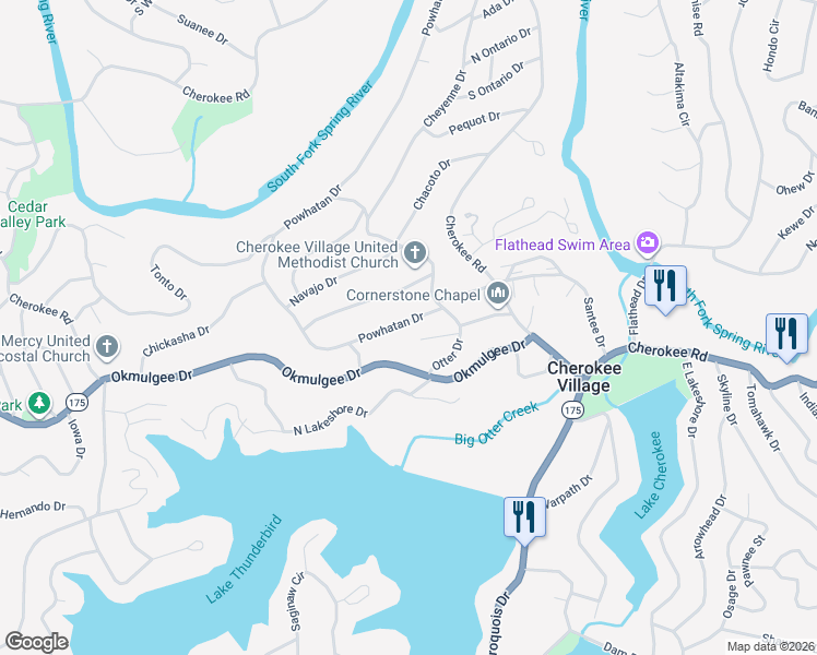map of restaurants, bars, coffee shops, grocery stores, and more near 6 Owego Circle in Cherokee Village
