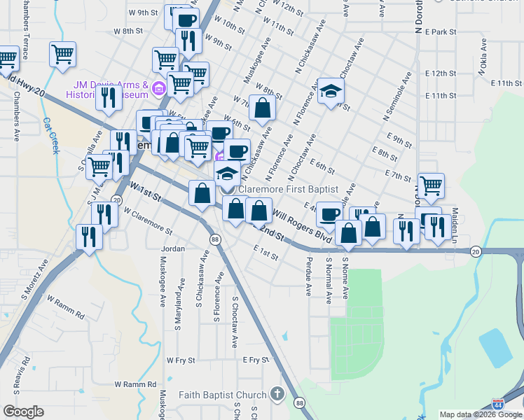 map of restaurants, bars, coffee shops, grocery stores, and more near 221 East Will Rogers Boulevard in Claremore