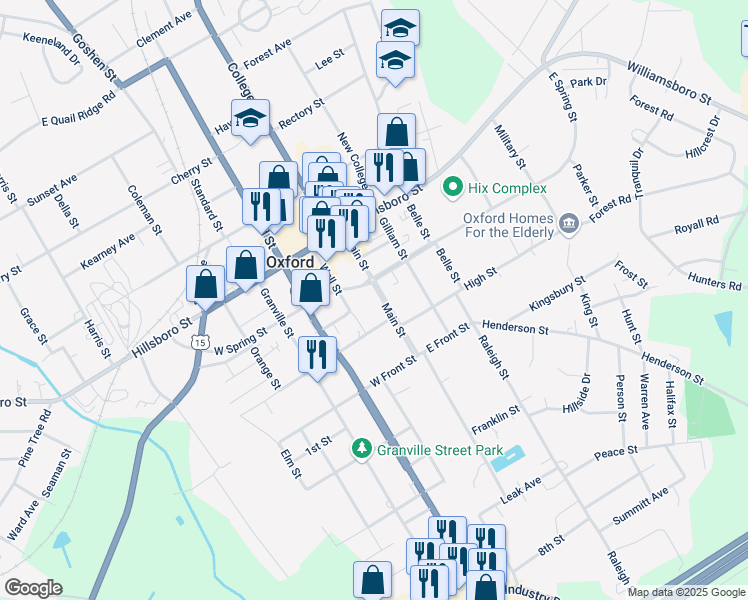 map of restaurants, bars, coffee shops, grocery stores, and more near 214 Main Street in Oxford