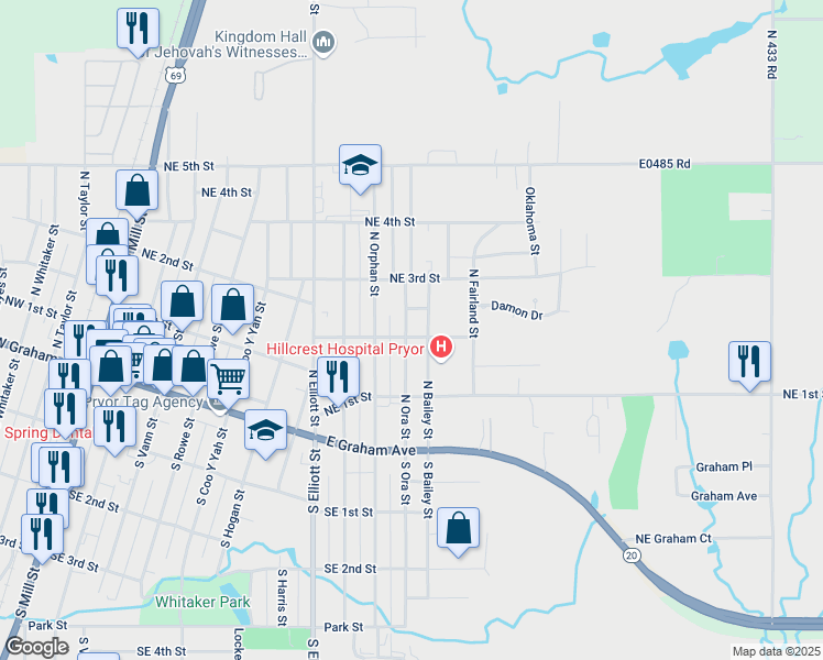 map of restaurants, bars, coffee shops, grocery stores, and more near 1004 Northeast 2nd Street in Pryor