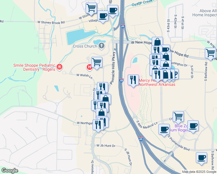 map of restaurants, bars, coffee shops, grocery stores, and more near 2196 South Champions Drive in Rogers