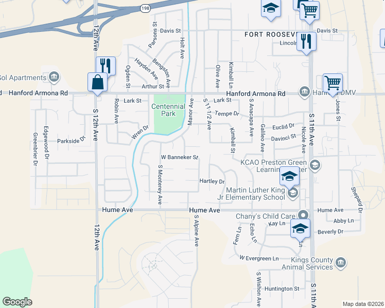 map of restaurants, bars, coffee shops, grocery stores, and more near 1359 West Banneker Street in Hanford