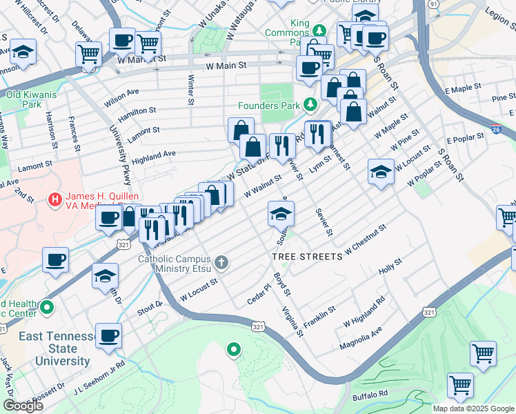 map of restaurants, bars, coffee shops, grocery stores, and more near 613 West Maple Street in Johnson City
