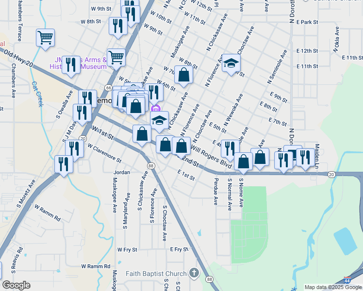 map of restaurants, bars, coffee shops, grocery stores, and more near 221 East Will Rogers Boulevard in Claremore