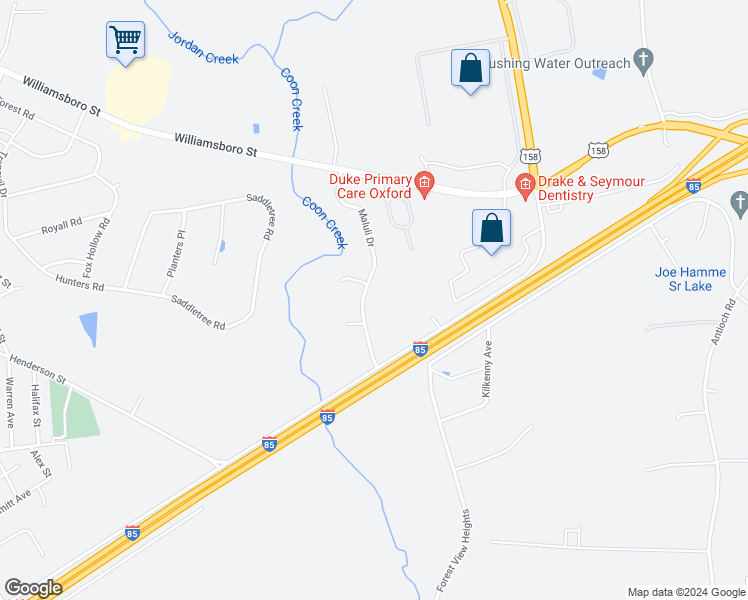 map of restaurants, bars, coffee shops, grocery stores, and more near 119 Maluli Drive in Oxford