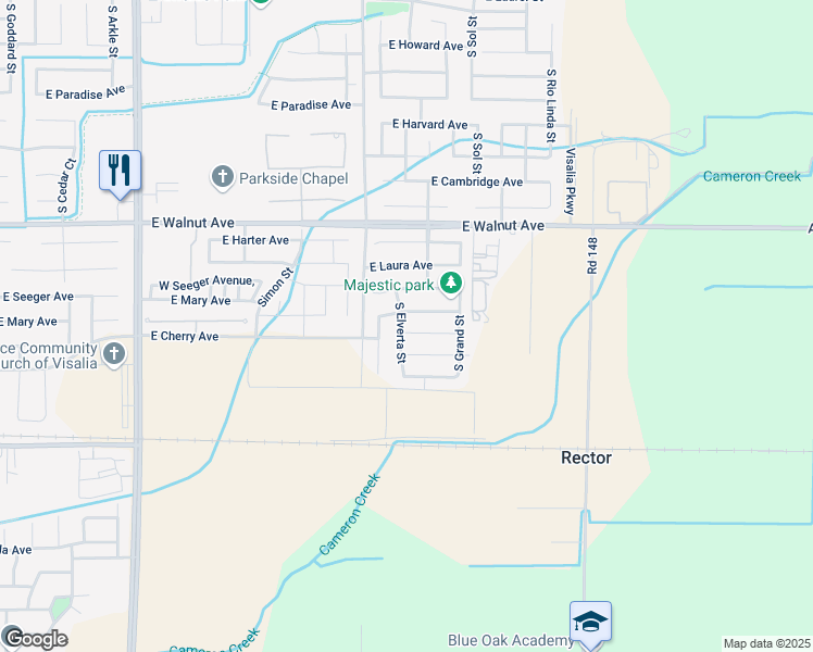 map of restaurants, bars, coffee shops, grocery stores, and more near 3809 East Cherry Avenue in Visalia