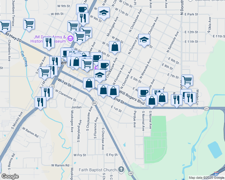 map of restaurants, bars, coffee shops, grocery stores, and more near 221 East Will Rogers Boulevard in Claremore