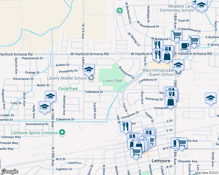 map of restaurants, bars, coffee shops, grocery stores, and more near 651 Sheffield Court in Lemoore