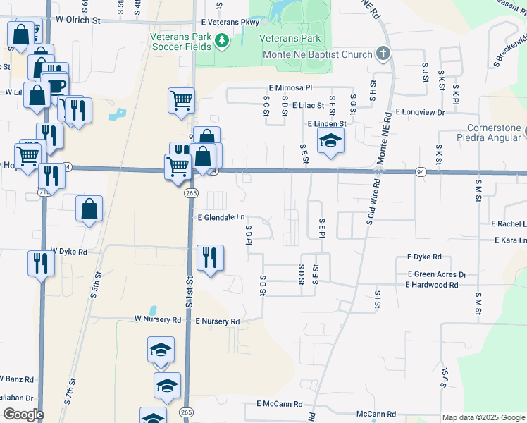 map of restaurants, bars, coffee shops, grocery stores, and more near 307 East Glendale Lane in Rogers