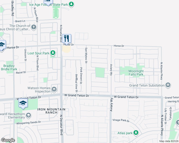 map of restaurants, bars, coffee shops, grocery stores, and more near 8130 Meadow Falls Street in North Las Vegas