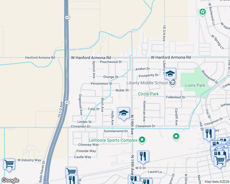 map of restaurants, bars, coffee shops, grocery stores, and more near 882-892 Apple Avenue in Lemoore