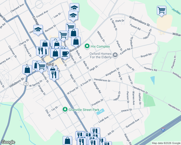 map of restaurants, bars, coffee shops, grocery stores, and more near 303 Raleigh Street in Oxford