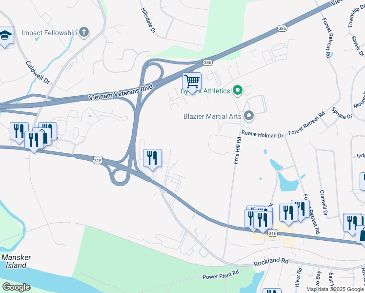 map of restaurants, bars, coffee shops, grocery stores, and more near 1070 West Main Street in Hendersonville