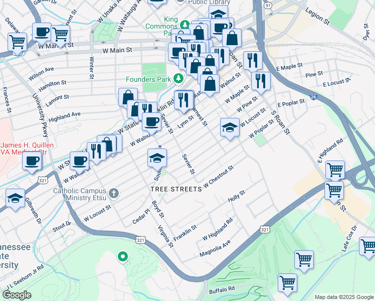 map of restaurants, bars, coffee shops, grocery stores, and more near 429 West Pine Street in Johnson City