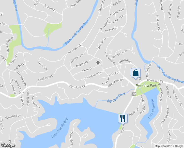 map of restaurants, bars, coffee shops, grocery stores, and more near 13 Powhatan Drive in Cherokee Village