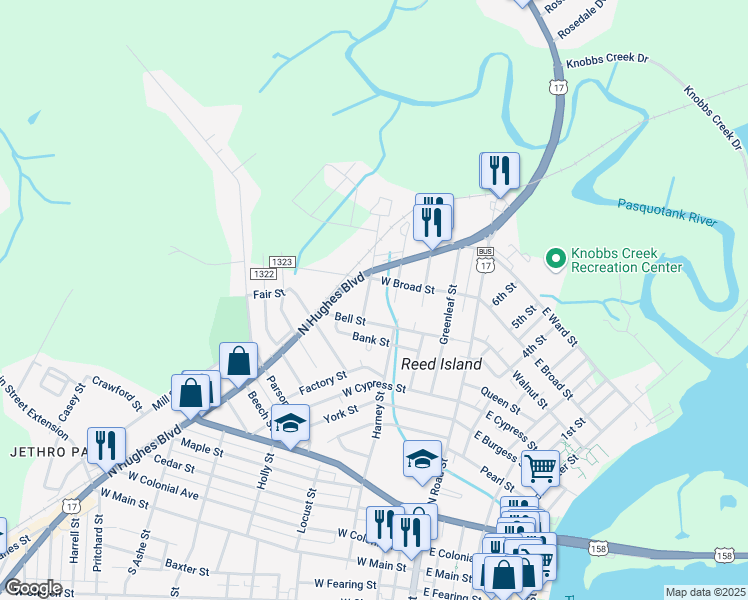 map of restaurants, bars, coffee shops, grocery stores, and more near 410 Bell Street in Elizabeth City
