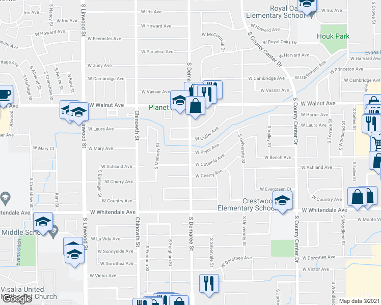 map of restaurants, bars, coffee shops, grocery stores, and more near 6111 West Pryor Avenue in Visalia
