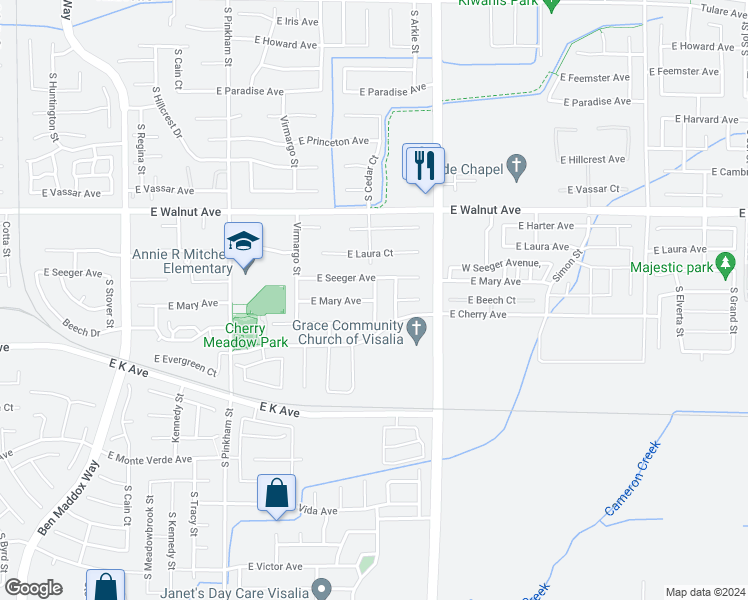 map of restaurants, bars, coffee shops, grocery stores, and more near 3907 East Mary Avenue in Visalia