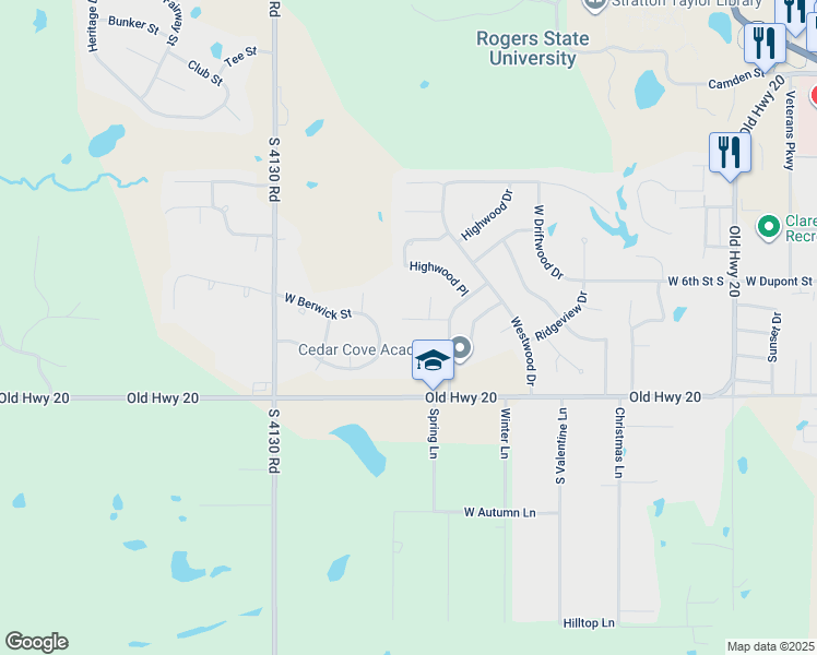 map of restaurants, bars, coffee shops, grocery stores, and more near 2931 West Berwick Street in Claremore