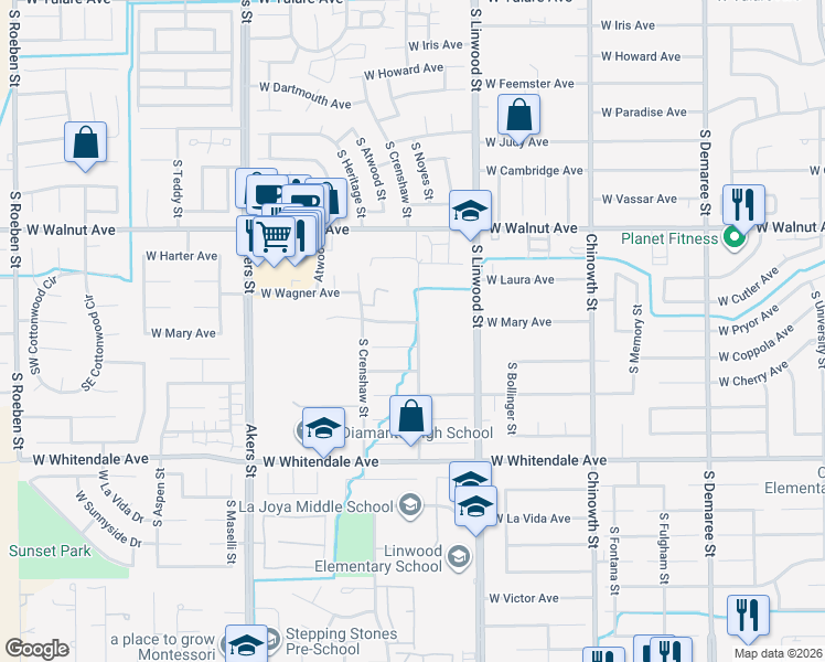 map of restaurants, bars, coffee shops, grocery stores, and more near 4709 West Coppola Court in Visalia