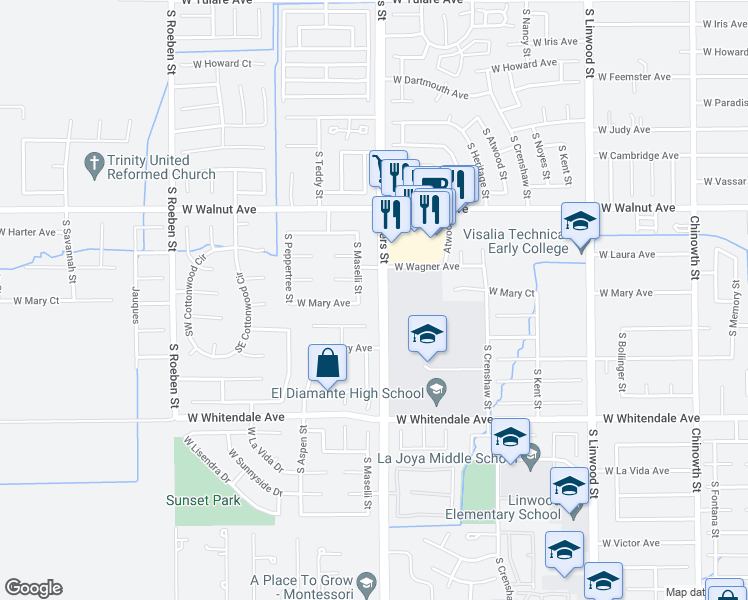 map of restaurants, bars, coffee shops, grocery stores, and more near 2323 South Akers Street in Visalia