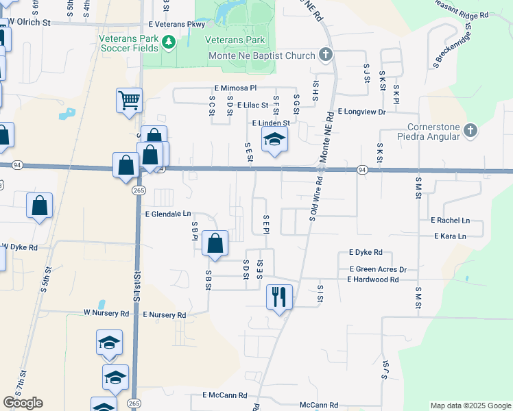 map of restaurants, bars, coffee shops, grocery stores, and more near 2011 South E Street in Rogers