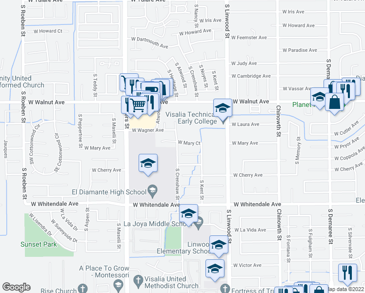 map of restaurants, bars, coffee shops, grocery stores, and more near 4827 West Mary Avenue in Visalia