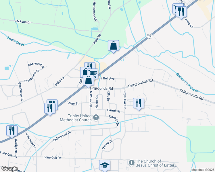 map of restaurants, bars, coffee shops, grocery stores, and more near 204 Fairgrounds Road in Paris